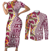 Hawaiian Plumeria Lei Couples Matching Short Sleeve Bodycon Dress and Long Sleeve Button Shirt Kakau Motifs and Palaka Half Style Pink Color - Polynesian Pride