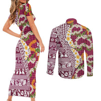 Hawaiian Plumeria Lei Couples Matching Short Sleeve Bodycon Dress and Long Sleeve Button Shirt Kakau Motifs and Palaka Half Style Pink Color - Polynesian Pride