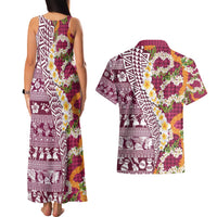Hawaiian Plumeria Lei Couples Matching Tank Maxi Dress and Hawaiian Shirt Kakau Motifs and Palaka Half Style Pink Color LT03 - Polynesian Pride