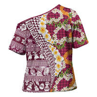 Hawaiian Plumeria Lei Cross Shoulder Shirt Kakau Motifs and Palaka Half Style Pink Color - Polynesian Pride