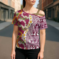 Hawaiian Plumeria Lei Cross Shoulder Shirt Kakau Motifs and Palaka Half Style Pink Color LT03 - Polynesian Pride