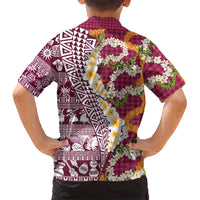 Hawaiian Plumeria Lei Family Matching Mermaid Dress and Hawaiian Shirt Kakau Motifs and Palaka Half Style Pink Color - Polynesian Pride