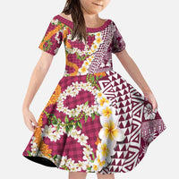Hawaiian Plumeria Lei Family Matching Mermaid Dress and Hawaiian Shirt Kakau Motifs and Palaka Half Style Pink Color - Polynesian Pride