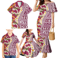 Hawaiian Plumeria Lei Family Matching Mermaid Dress and Hawaiian Shirt Kakau Motifs and Palaka Half Style Pink Color - Polynesian Pride
