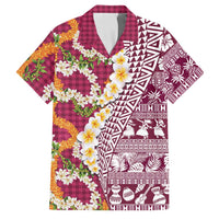 Hawaiian Plumeria Lei Family Matching Mermaid Dress and Hawaiian Shirt Kakau Motifs and Palaka Half Style Pink Color - Polynesian Pride