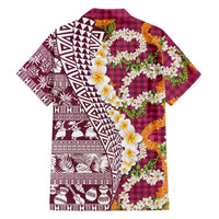 Hawaiian Plumeria Lei Family Matching Mermaid Dress and Hawaiian Shirt Kakau Motifs and Palaka Half Style Pink Color - Polynesian Pride