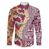Hawaiian Plumeria Lei Family Matching Off Shoulder Short Dress and Hawaiian Shirt Kakau Motifs and Palaka Half Style Pink Color LT03 Dad's Shirt - Long Sleeve Pink - Polynesian Pride