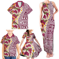 Hawaiian Plumeria Lei Family Matching Tank Maxi Dress and Hawaiian Shirt Kakau Motifs and Palaka Half Style Pink Color - Polynesian Pride