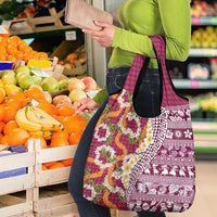 Hawaiian Plumeria Lei Grocery Bag Kakau Motifs and Palaka Half Style Pink Color - Polynesian Pride