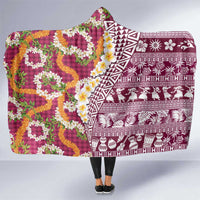 Hawaiian Plumeria Lei Hooded Blanket Kakau Motifs and Palaka Half Style Pink Color - Polynesian Pride