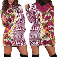 Hawaiian Plumeria Lei Hoodie Dress Kakau Motifs and Palaka Half Style Pink Color - Polynesian Pride