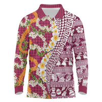 Hawaiian Plumeria Lei Long Sleeve Polo Shirt Kakau Motifs and Palaka Half Style Pink Color - Polynesian Pride