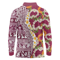 Hawaiian Plumeria Lei Long Sleeve Polo Shirt Kakau Motifs and Palaka Half Style Pink Color - Polynesian Pride