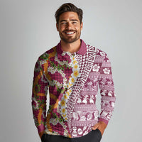 Hawaiian Plumeria Lei Long Sleeve Polo Shirt Kakau Motifs and Palaka Half Style Pink Color - Polynesian Pride