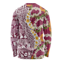 Hawaiian Plumeria Lei Long Sleeve Shirt Kakau Motifs and Palaka Half Style Pink Color - Polynesian Pride