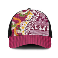 Hawaiian Plumeria Lei Mesh Trucker Cap Kakau Motifs and Palaka Half Style Pink Color LT03 One Size Black Pink - Polynesian Pride