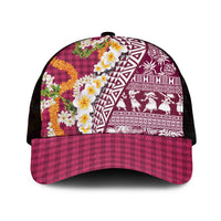 Hawaiian Plumeria Lei Mesh Trucker Cap Kakau Motifs and Palaka Half Style Pink Color - Polynesian Pride