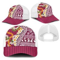 Hawaiian Plumeria Lei Mesh Trucker Cap Kakau Motifs and Palaka Half Style Pink Color LT03 - Polynesian Pride