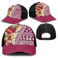 Hawaiian Plumeria Lei Mesh Trucker Cap Kakau Motifs and Palaka Half Style Pink Color - Polynesian Pride