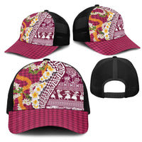 Hawaiian Plumeria Lei Mesh Trucker Cap Kakau Motifs and Palaka Half Style Pink Color LT03 - Polynesian Pride