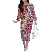 Hawaiian Plumeria Lei Off The Shoulder Long Sleeve Dress Kakau Motifs and Palaka Half Style Pink Color - Polynesian Pride