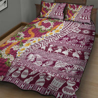 Hawaiian Plumeria Lei Quilt Bed Set Kakau Motifs and Palaka Half Style Pink Color - Polynesian Pride