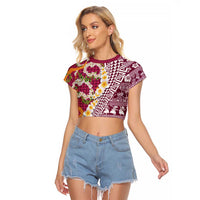 Hawaiian Plumeria Lei Raglan Cropped T Shirt Kakau Motifs and Palaka Half Style Pink Color - Polynesian Pride