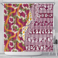 Hawaiian Plumeria Lei Shower Curtain Kakau Motifs and Palaka Half Style Pink Color - Polynesian Pride