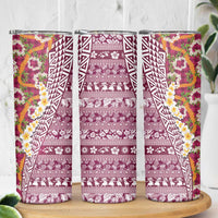 Hawaiian Plumeria Lei Skinny Tumbler Kakau Motifs and Palaka Half Style Pink Color - Polynesian Pride