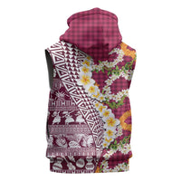 Hawaiian Plumeria Lei Sleeveless Zip Hoodie Kakau Motifs and Palaka Half Style Pink Color - Polynesian Pride