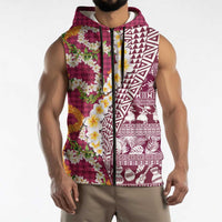 Hawaiian Plumeria Lei Sleeveless Zip Hoodie Kakau Motifs and Palaka Half Style Pink Color - Polynesian Pride