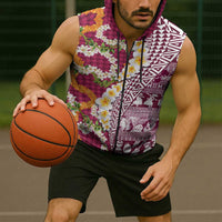 Hawaiian Plumeria Lei Sleeveless Zip Hoodie Kakau Motifs and Palaka Half Style Pink Color - Polynesian Pride