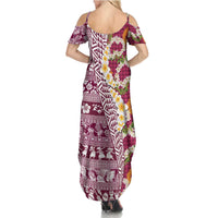 Hawaiian Plumeria Lei Summer Maxi Dress Kakau Motifs and Palaka Half Style Pink Color - Polynesian Pride