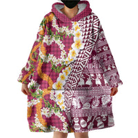 Hawaiian Plumeria Lei Wearable Blanket Hoodie Kakau Motifs and Palaka Half Style Pink Color - Polynesian Pride