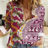 Hawaiian Plumeria Lei Women Casual Shirt Kakau Motifs and Palaka Half Style Pink Color - Polynesian Pride