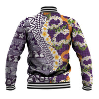 Hawaiian Plumeria Lei Baseball Jacket Kakau Motifs and Palaka Half Style Purple Color - Polynesian Pride
