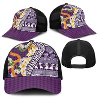 Hawaiian Plumeria Lei Baseball Net Cap Kakau Motifs and Palaka Half Style Purple Color - Polynesian Pride