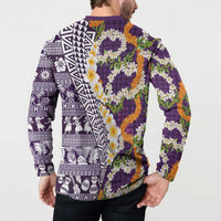 Hawaiian Plumeria Lei Button Sweatshirt Kakau Motifs and Palaka Half Style Purple Color - Polynesian Pride