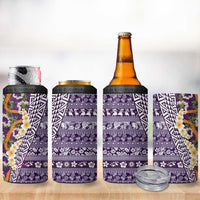 Hawaiian Plumeria Lei 4 in 1 Can Cooler Tumbler Kakau Motifs and Palaka Half Style Purple Color - Polynesian Pride