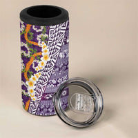 Hawaiian Plumeria Lei 4 in 1 Can Cooler Tumbler Kakau Motifs and Palaka Half Style Purple Color - Polynesian Pride