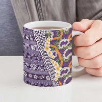 Hawaiian Plumeria Lei Ceramic Mug Kakau Motifs and Palaka Half Style Purple Color - Polynesian Pride