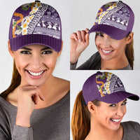 Hawaiian Plumeria Lei Classic Cap Kakau Motifs and Palaka Half Style Purple Color - Polynesian Pride