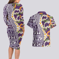 Hawaiian Plumeria Lei Couples Matching Long Sleeve Bodycon Dress and Hawaiian Shirt Kakau Motifs and Palaka Half Style Purple Color - Polynesian Pride