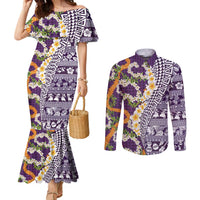 Hawaiian Plumeria Lei Couples Matching Mermaid Dress and Long Sleeve Button Shirt Kakau Motifs and Palaka Half Style Purple Color - Polynesian Pride