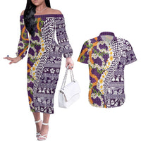 Hawaiian Plumeria Lei Couples Matching Off The Shoulder Long Sleeve Dress and Hawaiian Shirt Kakau Motifs and Palaka Half Style Purple Color - Polynesian Pride