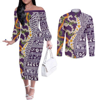 Hawaiian Plumeria Lei Couples Matching Off The Shoulder Long Sleeve Dress and Long Sleeve Button Shirt Kakau Motifs and Palaka Half Style Purple Color - Polynesian Pride