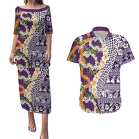 Hawaiian Plumeria Lei Couples Matching Puletasi and Hawaiian Shirt Kakau Motifs and Palaka Half Style Purple Color - Polynesian Pride