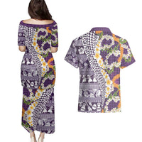 Hawaiian Plumeria Lei Couples Matching Puletasi and Hawaiian Shirt Kakau Motifs and Palaka Half Style Purple Color - Polynesian Pride