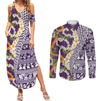 Hawaiian Plumeria Lei Couples Matching Summer Maxi Dress and Long Sleeve Button Shirt Kakau Motifs and Palaka Half Style Purple Color - Polynesian Pride