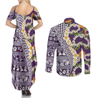 Hawaiian Plumeria Lei Couples Matching Summer Maxi Dress and Long Sleeve Button Shirt Kakau Motifs and Palaka Half Style Purple Color - Polynesian Pride